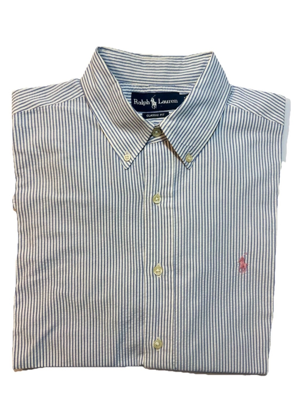 Ralph Lauren Men’s Seersucker Button-Down Shirt L Short Sleeve blue striped